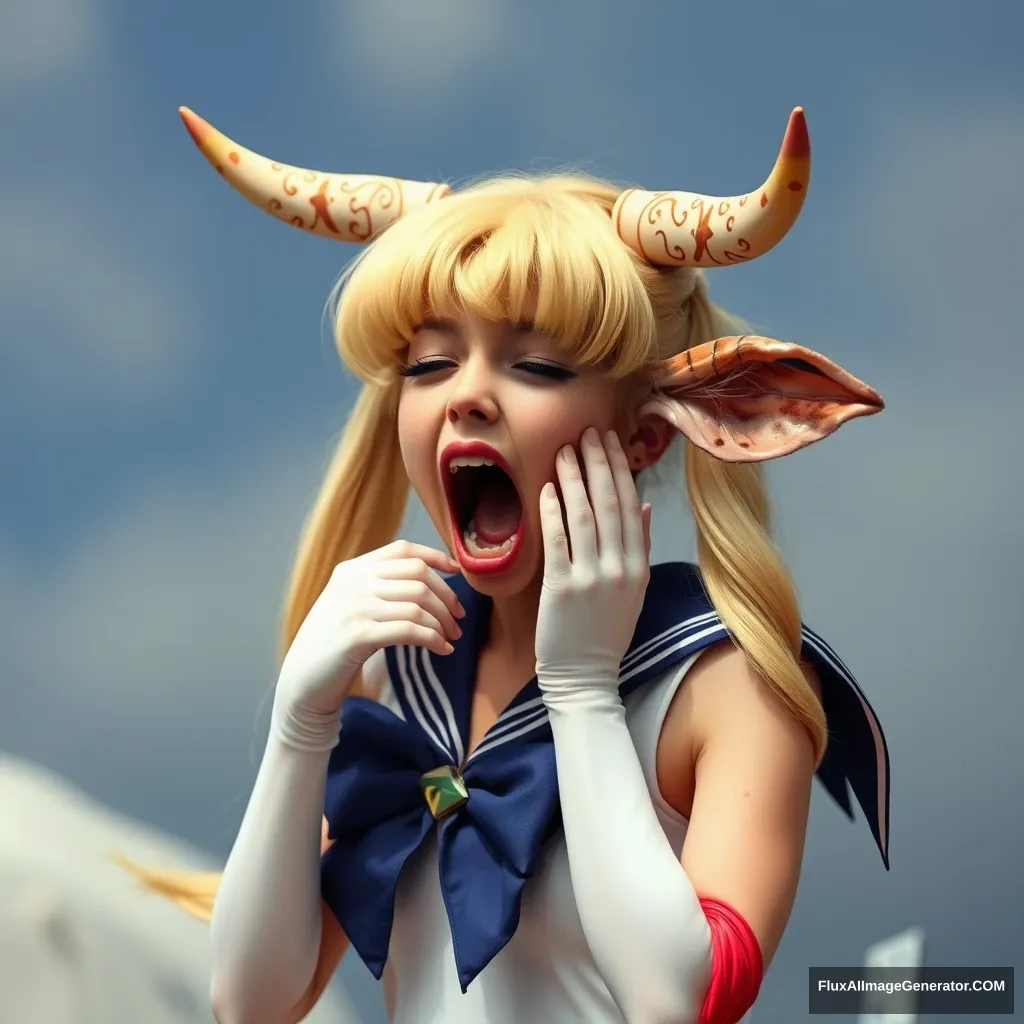 A photograph of a real-life Sailor Moon excellently captures her panicking and freaking out as she is turned into a highly obscene and perverse bovine hybrid.