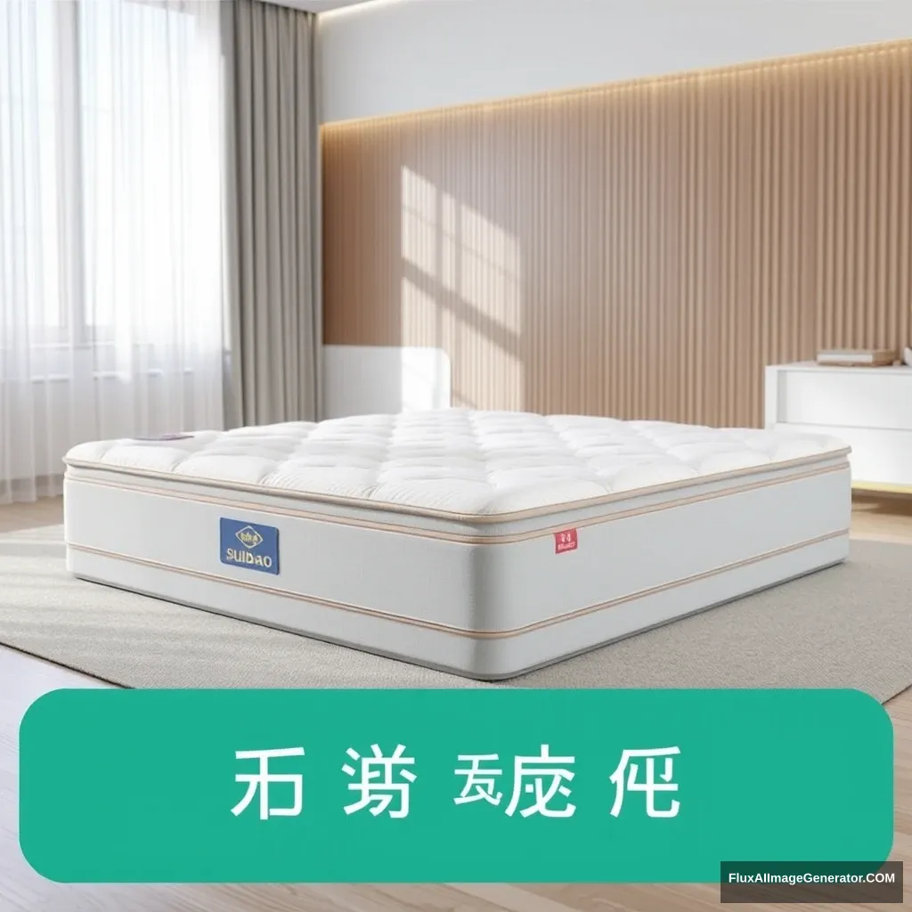 Real rendering, a product image, the product type is a mattress, indoors, the product name is "Suibao Mattress".