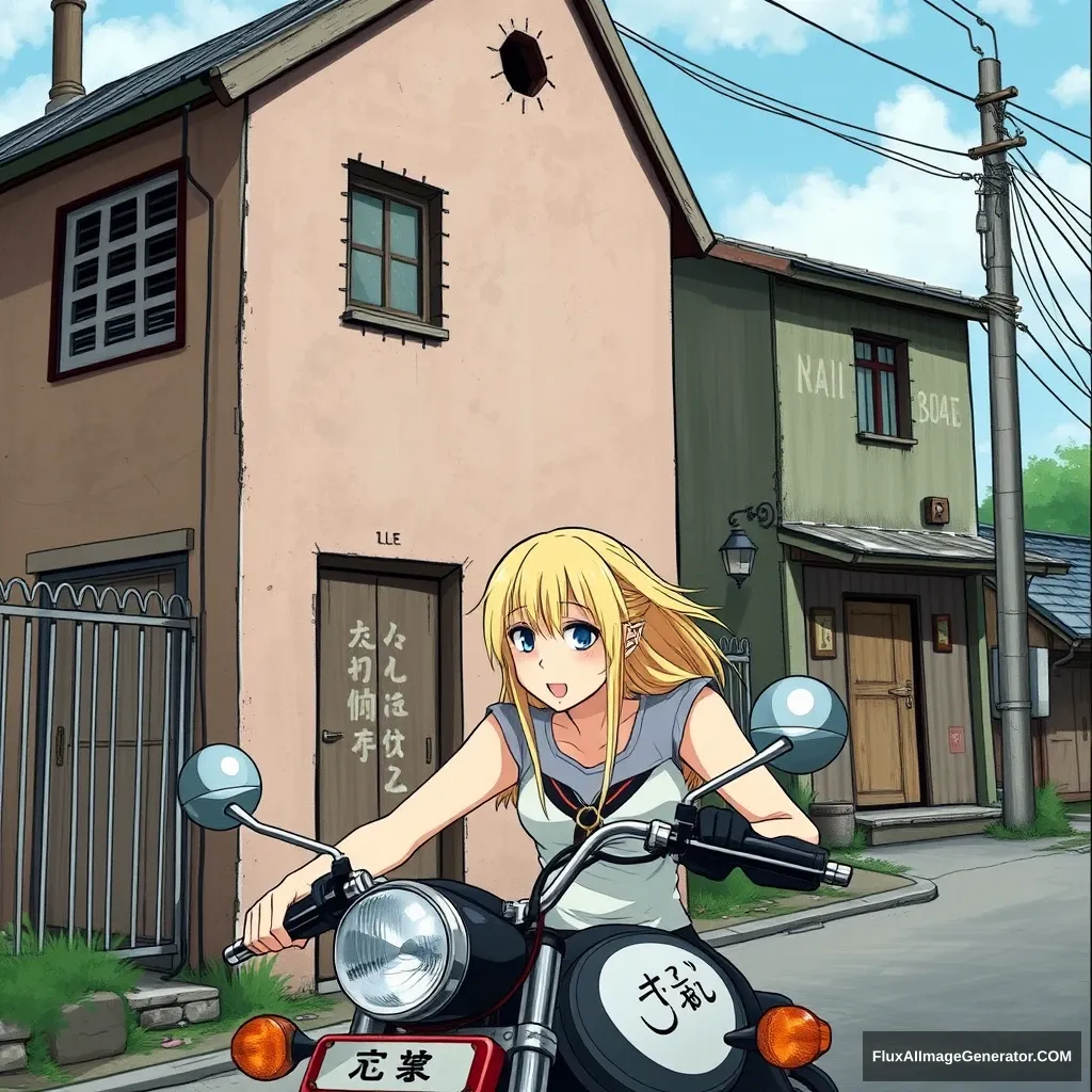 Next to a strange building, there is a blonde-haired, blue-eyed young woman riding a motorcycle, with Chinese characters or Japanese. - Image