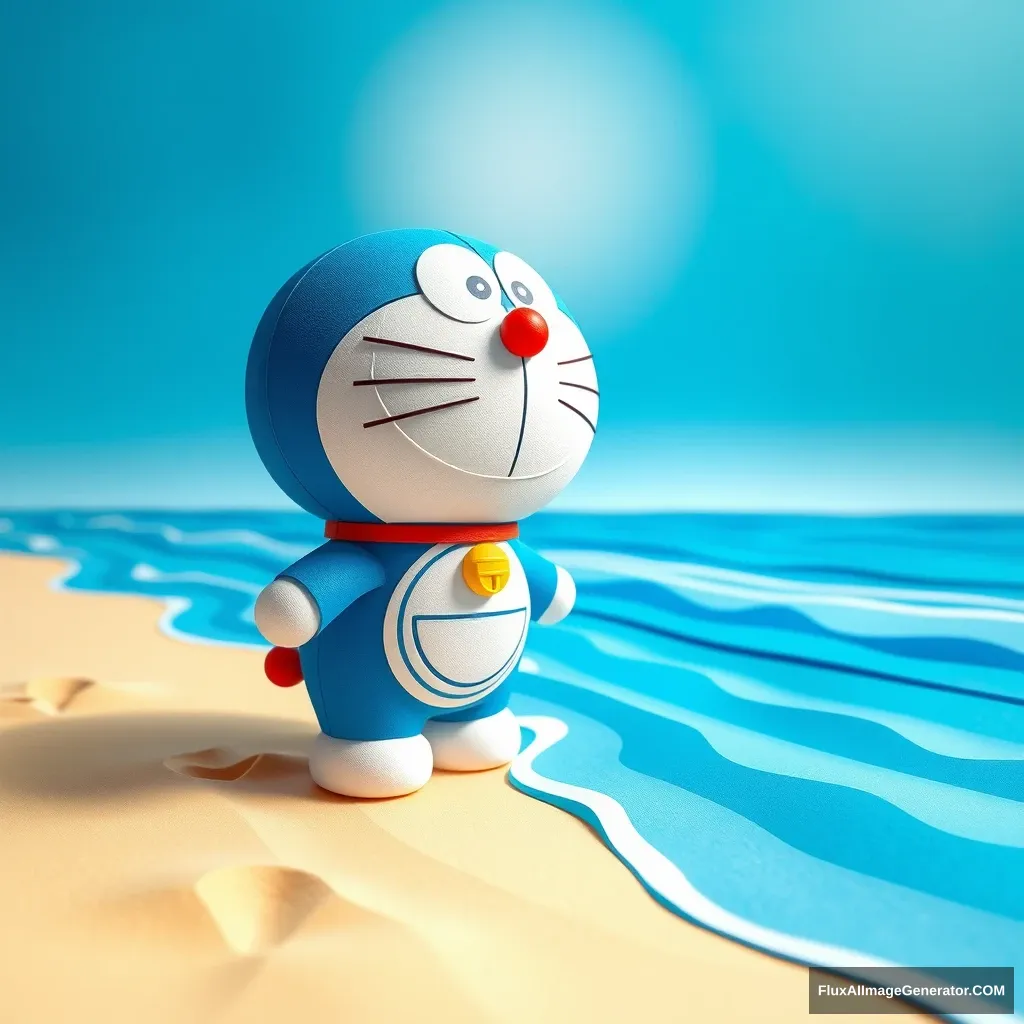 The cute blue robot cat Doraemon stands on the beach, with gentle waves lapping at his feet. The bright sunshine shines down from above, casting long shadows across the scene. The image is presented in a 3D paper craft style, with intricate folds and layers giving the scene a tactile quality. Doraemon’s iconic round body is meticulously crafted, with every detail—from his whiskers to the stitching on his pocket—carefully rendered. The beach is made from layered paper, featuring realistic textures and subtle color variations that mimic shifting sand. The waves are constructed from translucent blue paper, capturing the movement and texture of the ocean. The distant horizon is formed by a gradient of blue paper, suggesting a vast open sky. The scene is bathed in warm, sunny light, giving the paper craft a sense of life and vitality.