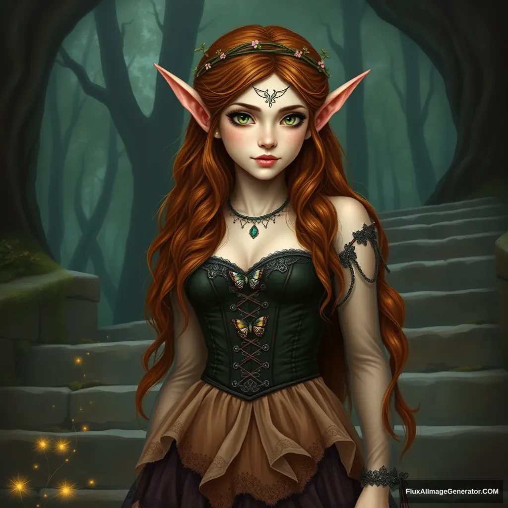 Create a painting with a female fantasy elf with long wavy chestnut hair and pointed ears, standing on ancient stone steps and surrounded by a mystical forest background. The figure has fair skin with an ethereal glow and striking green eyes, and is adorned on her head with a delicate ring of twigs and small flowers. On her face, she wears intricate facial jewellery that glitters with tiny jewels from forehead to nose. Her dress consists of a dark corset bodice with butterfly motifs, covered with sheer, torn sleeves that fall gracefully down her arms. She has a layered skirt that combines earthy, subdued tones with sheer fabrics and lace details, creating a look that is both rustic and charming. Soft twinkling lights spread out from the bottom corner of the picture, adding a touch of magic to the scene.