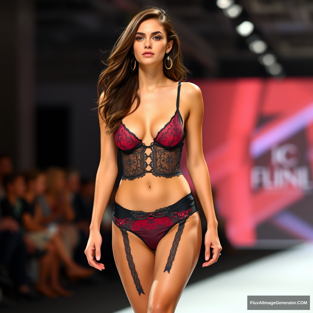 Lingerie model on runway for a fashion show. - Image