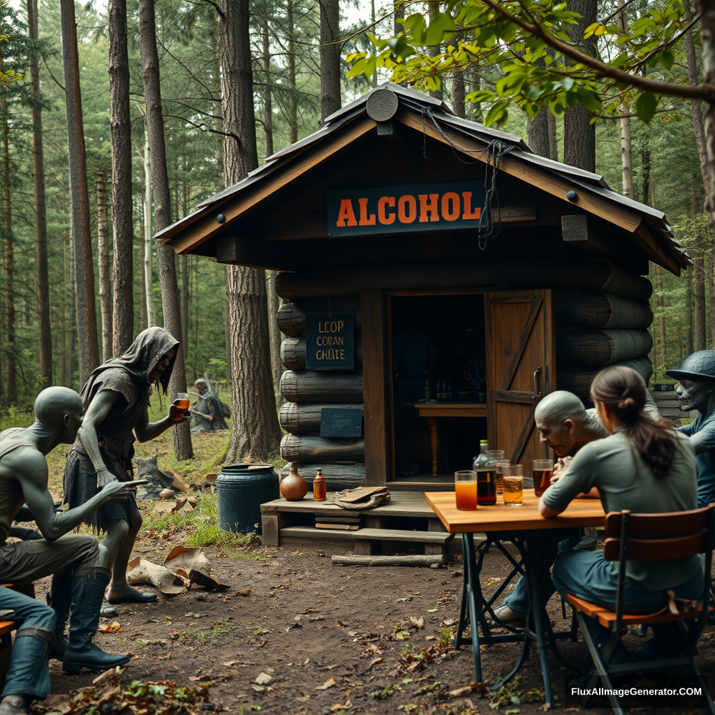 Real-life photography, wide shot: In the forest, there is a wooden cabin selling alcohol, and a dressed zombie comes to buy some. Next to the cabin, there are tables and chairs, with zombies sitting and drinking. A female barbarian is selling the alcohol.