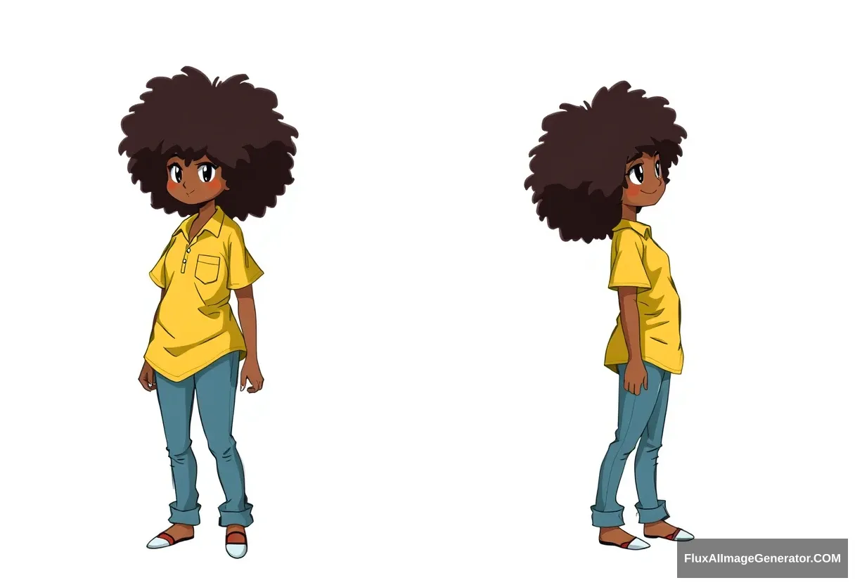 profile character sheet, front and side, girl in yellow shirt with jeans, afro hair covering eyes,