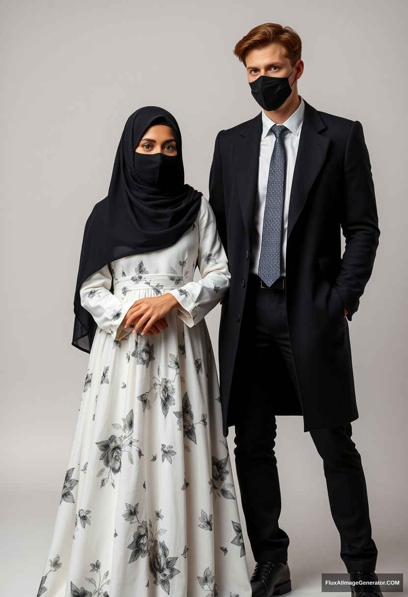 A biggest black hijab girl, beautiful eyes, face mask black, biggest white floral longest dress, not tall, standing, holding his arm

Jamie Dornan, youngest, black suit coat, white shirt, grey patterned tie, black leather sneakers, tall man, face mask black, fit tough body, standing near her, love couple

hyper realistic, studio photography, photorealistic.