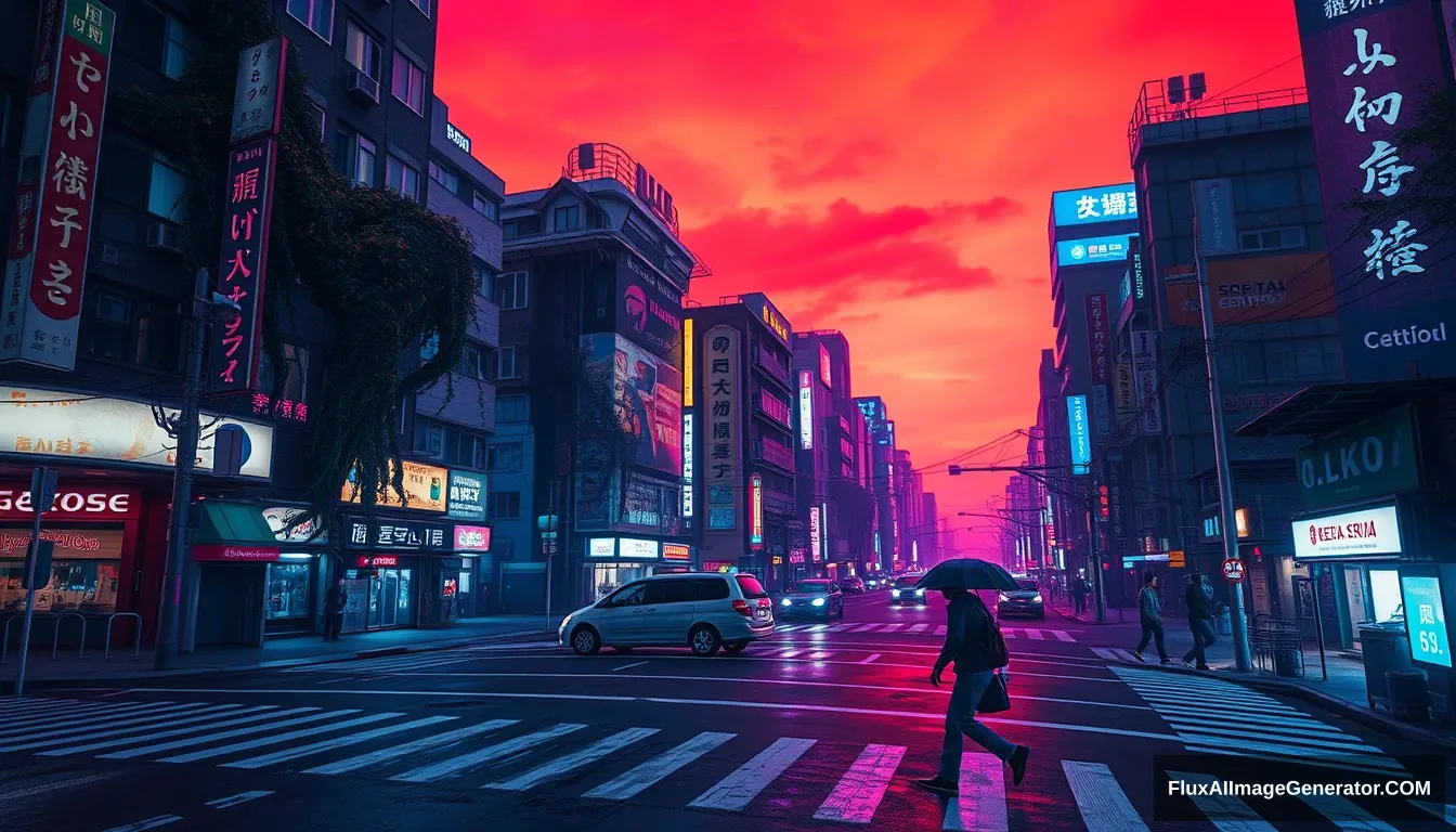 A cyberpunk style video game concept painting, wide-angle city view, Shibuya Scramble Crossing, Tokyo is corrupted by giant vines, night scene, crosswalk line, abandoned vehicles, blue and purple neon lights, sky is dyed red.