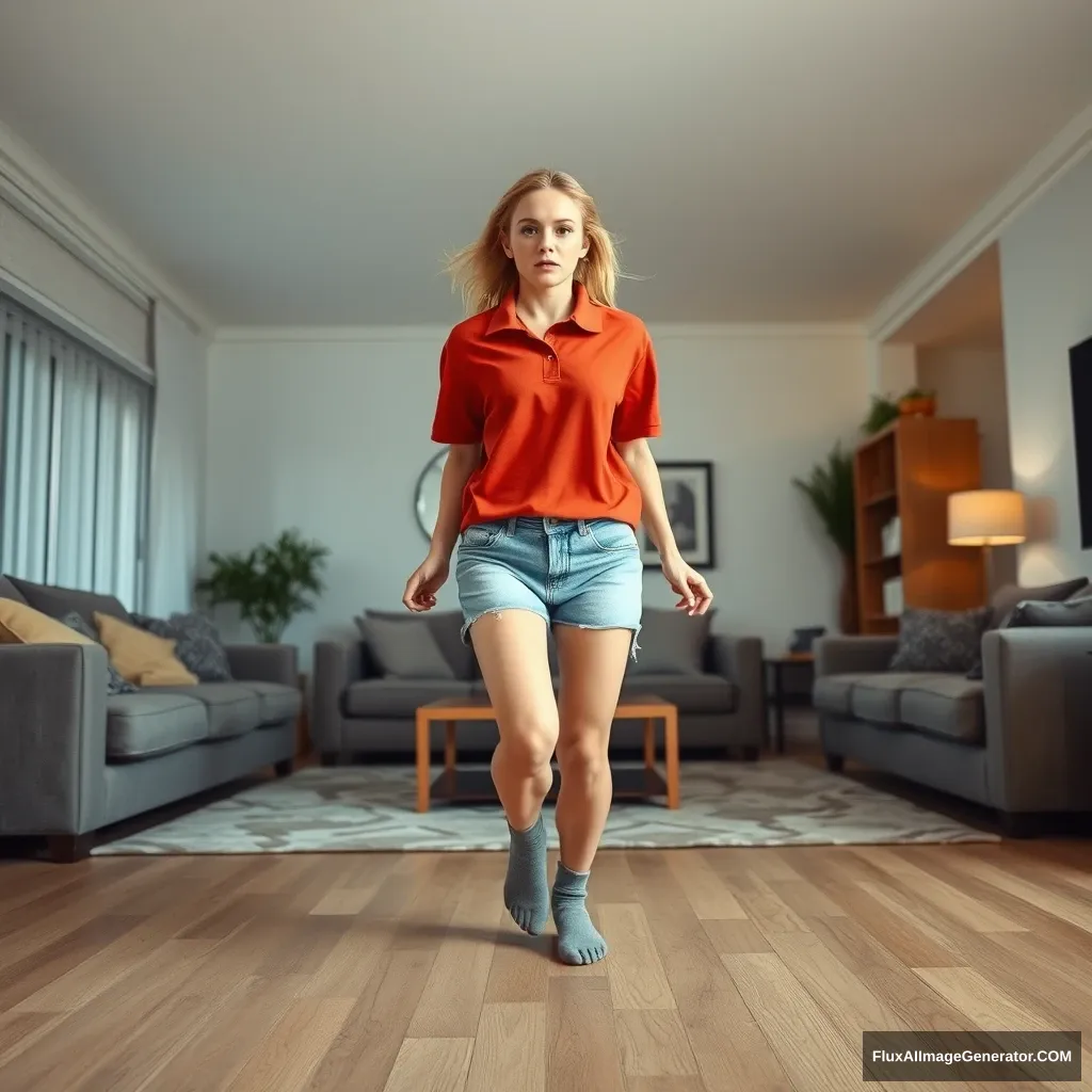 Front view of a blonde skinny woman in her early twenties standing in her massive living room. She is wearing an excessively oversized red polo shirt that is unbalanced on one shoulder and untucked. Her outfit includes light blue denim shorts, no shoes, and grey socks. She faces the camera with a scared expression and runs towards it with both arms straight down.