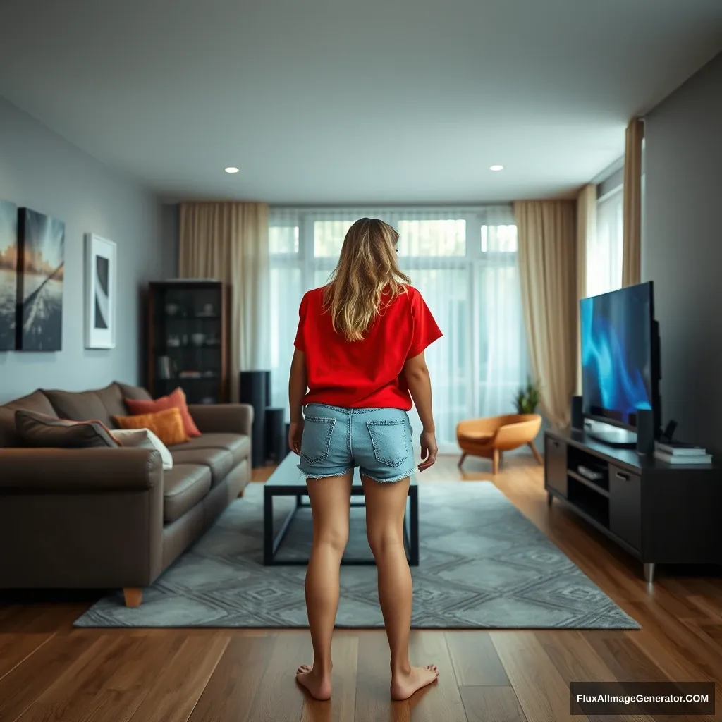 Front view of a young blonde skinny woman in her early twenties, in her massive living room, wearing a massively oversized red polo t-shirt that is slightly off balance on one shoulder. The bottom part of her t-shirt is tucked in, and she is wearing light blue denim shorts with no shoes or socks. She faces her TV with a shocked expression and dives into the magical TV.