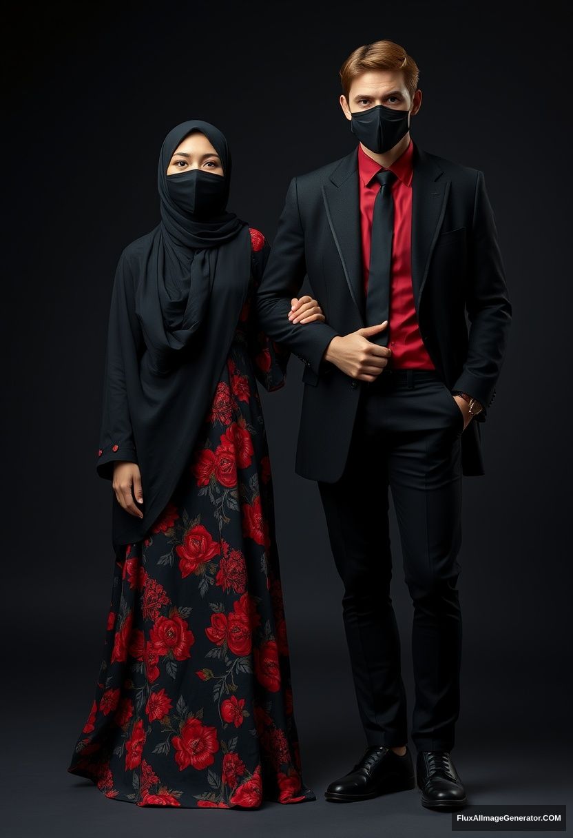 A biggest black hijab girl, beautiful eyes, face mask black, biggest red floral longest dress, not tall, standing, holding his arm

Jamie Dornan, youngest, black suit coat, red shirt, black tie, black leather sneakers, tall man, face mask black, fit tough body, standing near her, loving couple

hyper realistic, studio photography, photorealistic.