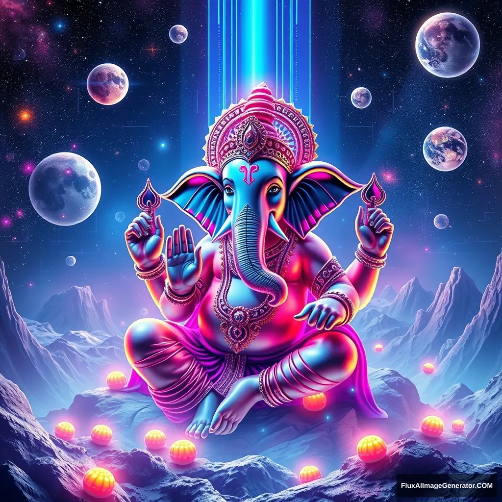 Create an out-of-this-world, futuristic depiction of the Ganesha festival. Imagine Lord Ganesha in a surreal cosmic setting, surrounded by floating galaxies, neon lights, and otherworldly landscapes. Use holographic and iridescent colors to highlight Ganesha’s form, blending traditional symbols like the elephant head and modaks with futuristic elements such as digital patterns and sci-fi motifs. Incorporate ethereal light beams, celestial bodies, and a sense of weightlessness to convey a cosmic celebration. The image should evoke a sense of awe and wonder, blending spiritual reverence with futuristic imagination.