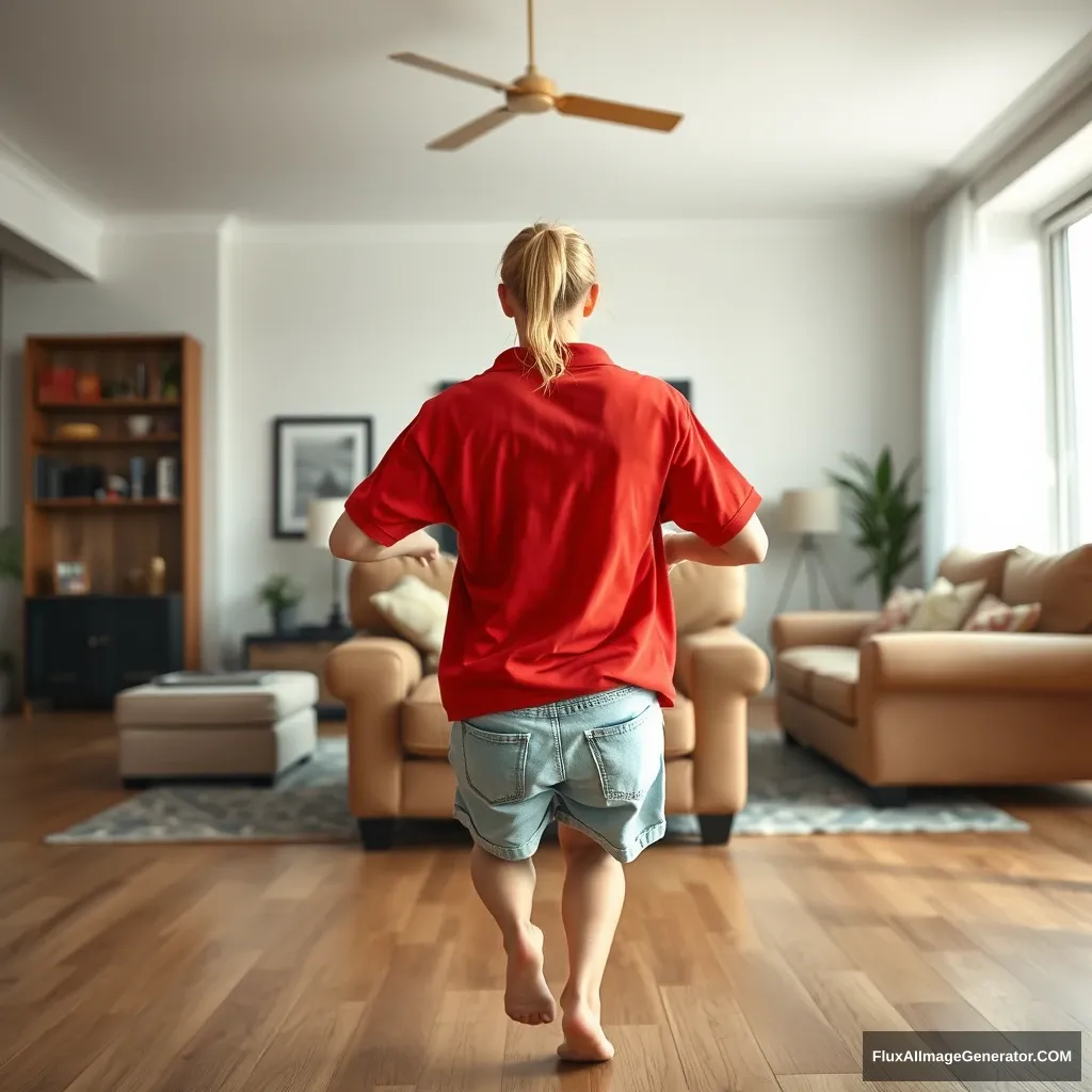 Front view of a skinny blonde woman in her large living room, wearing a massively oversized red polo t-shirt that hangs unevenly on one shoulder, and big light blue denim shorts that reach her knees. She has no shoes or socks on, facing the camera as she gets off her chair and runs towards it with both arms straight down at her sides. - Image