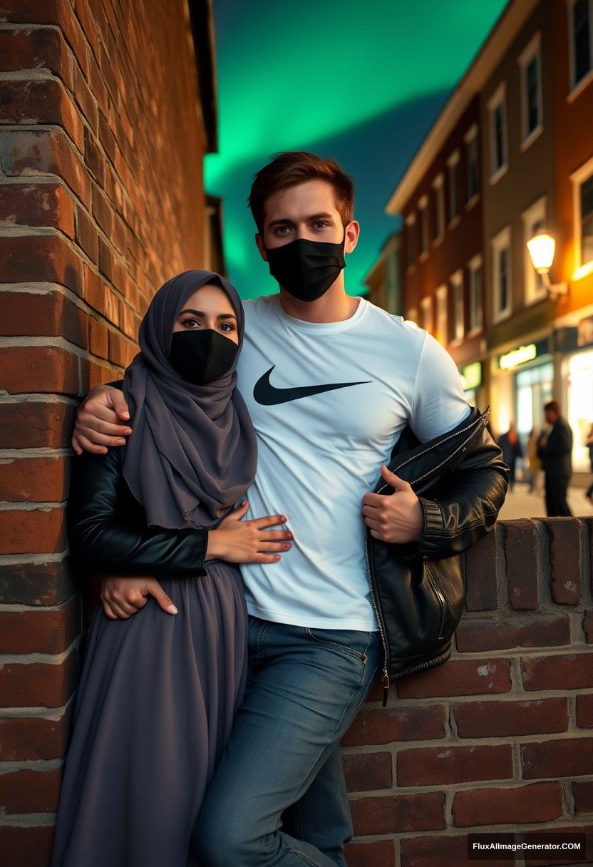 Jamie Dornan, tall and handsome, wearing a black face mask, a white Nike T-shirt, and jeans, is on a romantic date with a beautiful Muslim girl in a grey hijab. She has striking eyes and is also wearing a black face mask and a leather jacket, along with a very long and voluminous skirt. She is not tall. 

They are lying against a brick wall in town, in a photorealistic style, capturing street photography and full photography, with selfie photos taken at night under an aurora.