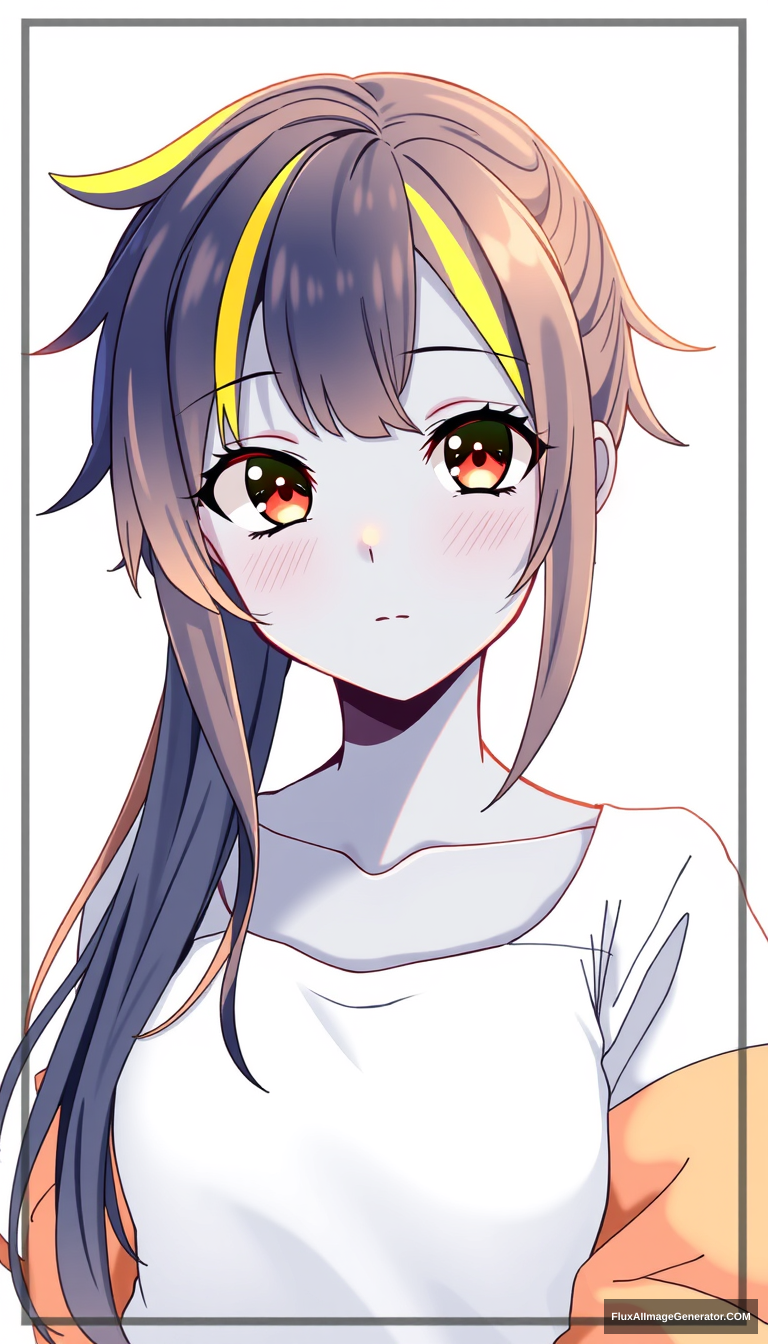 A teenage girl has captivated many with her striking appearance. Wearing a dark blue tone with vibrant highlights, anime style is important. Chest-up drawing. Framed background.