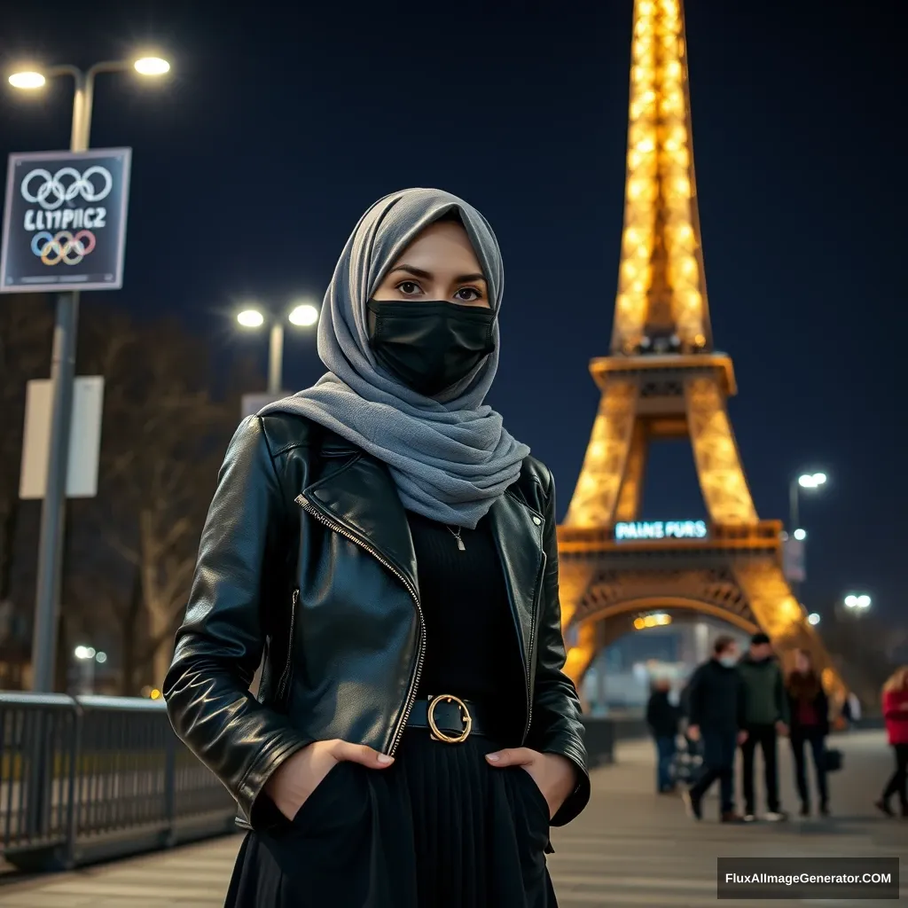 A biggest grey hijab Muslim girl, beautiful eyes, face mask black, black leather jacket, biggest longest skirt, standing near Eiffel Tower theme Olympic logos, night scenery, hyper realistic, street photography. - Image