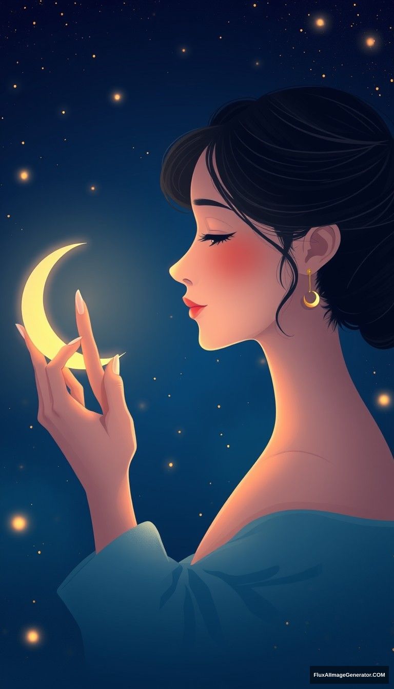 Create an ethereal illustration of a woman in profile, gently touching a glowing crescent moon with her finger. She has a serene expression, with soft features and delicate facial details. Her hair is styled in a bun, and she wears small crescent moon earrings. The background is a deep gradient of blue, resembling a night sky, scattered with sparkling stars and tiny glowing particles that add a magical atmosphere. The moon emits a soft, warm light, illuminating her face subtly. The overall tone should convey tranquility and wonder, with a dreamy, whimsical quality. - Image