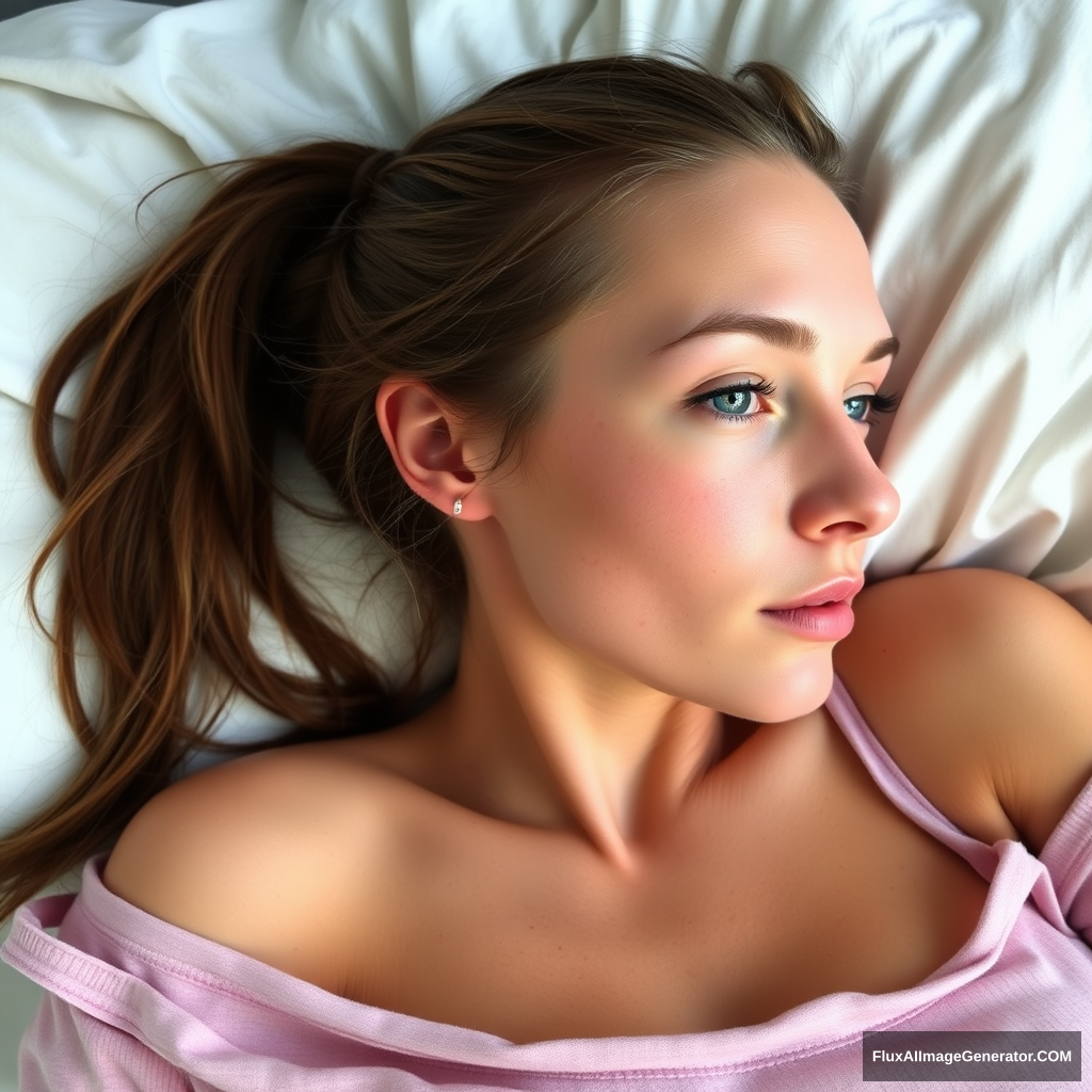 A very pretty skinny 28-year-old adult, Ally Hinson, has brown hair tied back in a ponytail, wearing pajamas and laying down with skin imperfections.