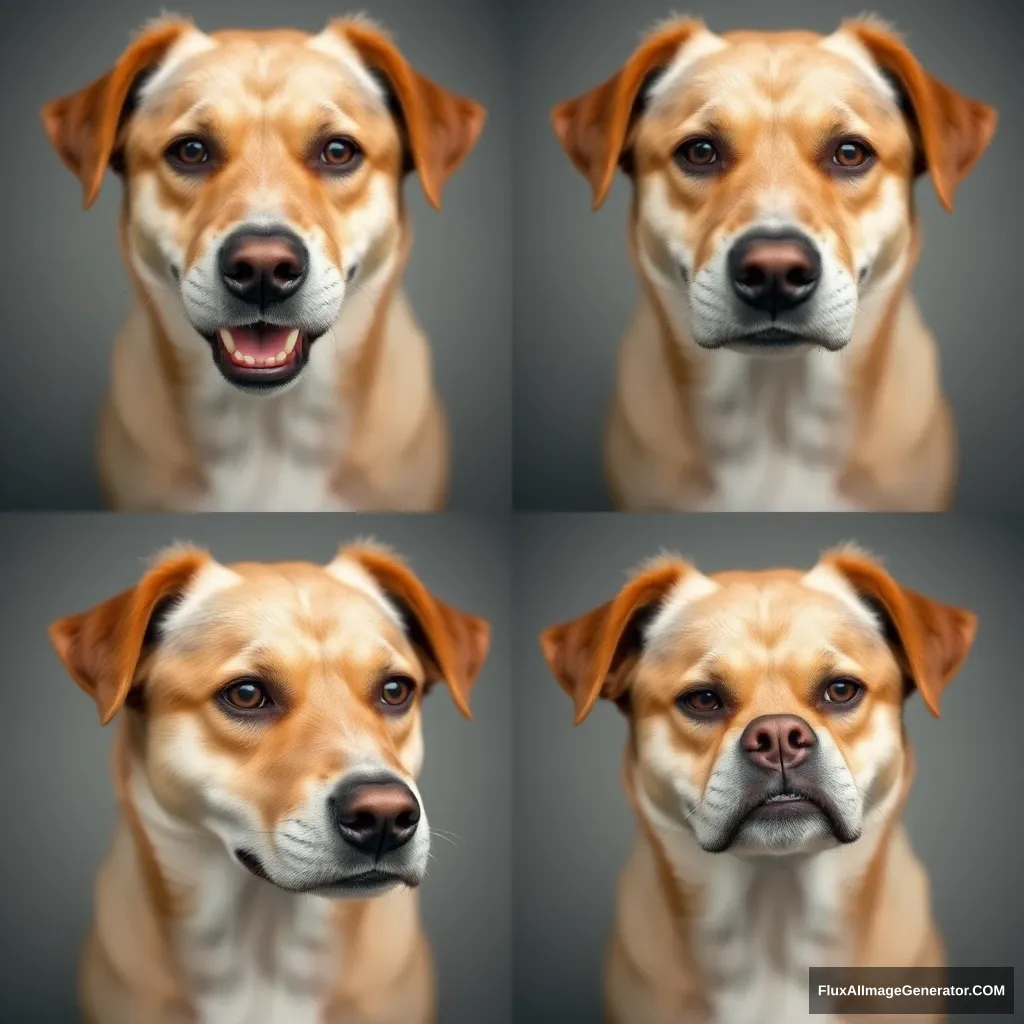 A four-panel grid portrait of the same dog photo with subtle expressions: the first panel shows a gentle smile, the second panel has a tearful face, the third panel conveys a look of sadness, and the fourth panel displays a mildly angry expression. - Image