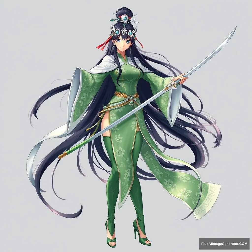 Anime-inspired ancient costume beauty, with long black hair and a silver headdress. She wears a fitted outfit in grass green and silver-white, adorned with silver-white floral patterns, accompanied by a shawl. The sleeves are tight and have arm guards, and the clothing features elegant decorations that are antique in style, flowing and dynamic, exuding charm. With long hair in ancient costume, long legs, and a tall figure, she embodies the essence of an ancient female martial artist, holding a slender sword that emphasizes her figure, wearing greenish high heels.