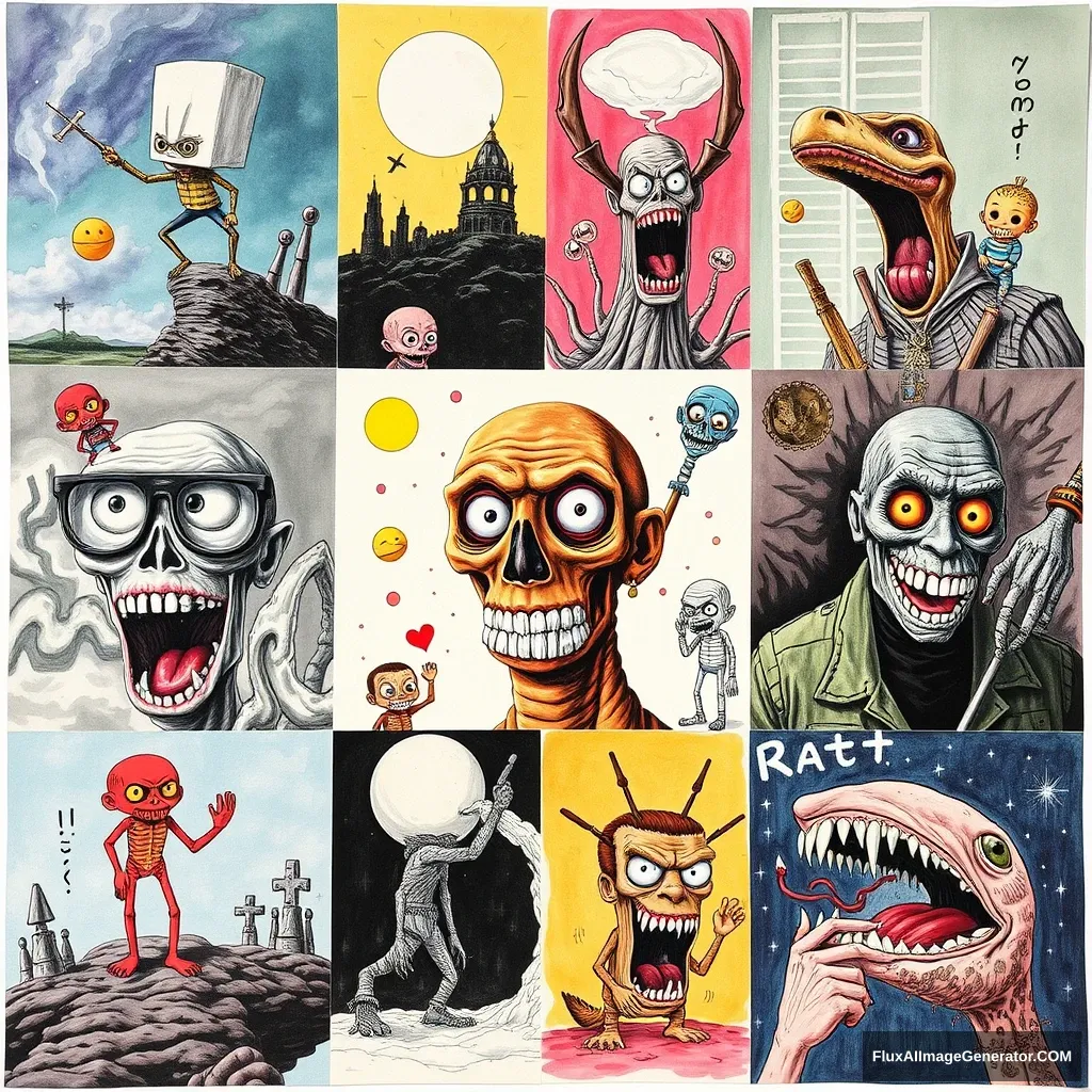 Collage of different crazy weird illustrations