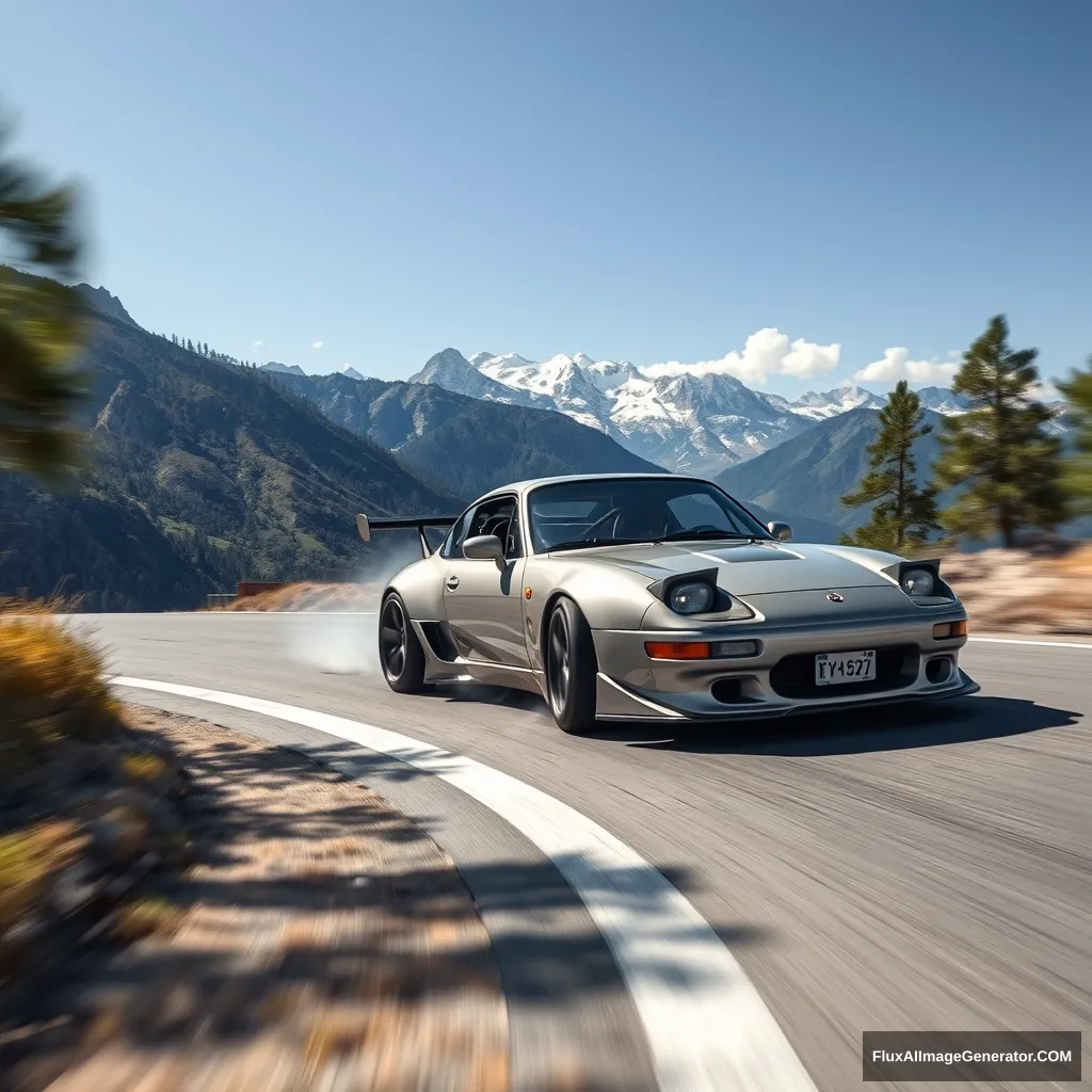 Create an image of an Eunos Roadster drifting on a mountain road.