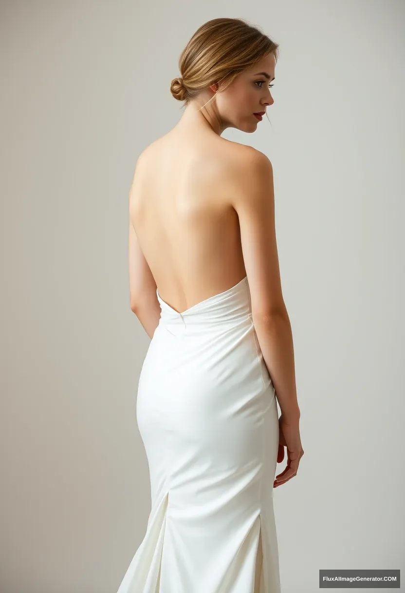 a short young woman, sensitive, delicate, backless strapless side-less low-waisted contouring wedding dress with a breezy loose open back spilling open to the sides, that seems like it was intentionally left undone. Submission to the patriarchy. Expectations. Perfect posture. Pale skin. Voluptuous.