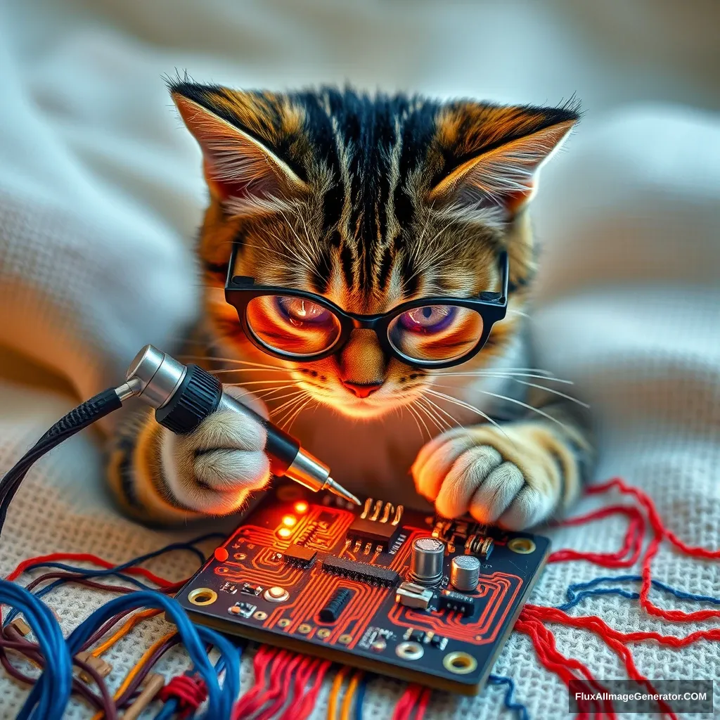 A mischievous tabby cat, wearing tiny spectacles, meticulously solders a circuit board with a miniature iron. Vibrant threads weave intricate patterns, mimicking electronic pathways. Soft fabric backdrop, warm lighting. Delicate French knots form components. Style: Hyper-realistic embroidery art, blending traditional craftsmanship with modern technology. - Image