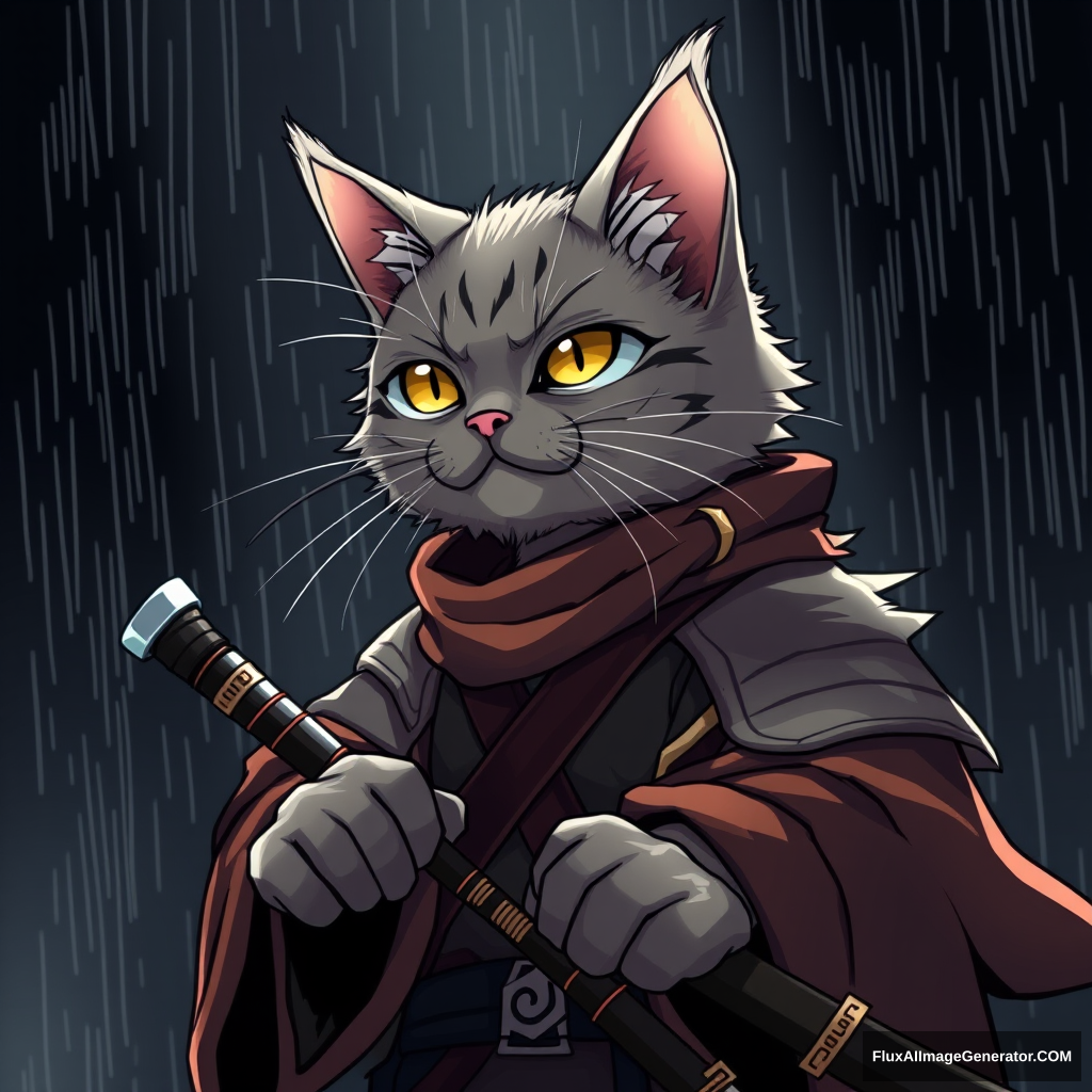 Gray British cat samurai in the rain, dark background with spot lighting, anime style.