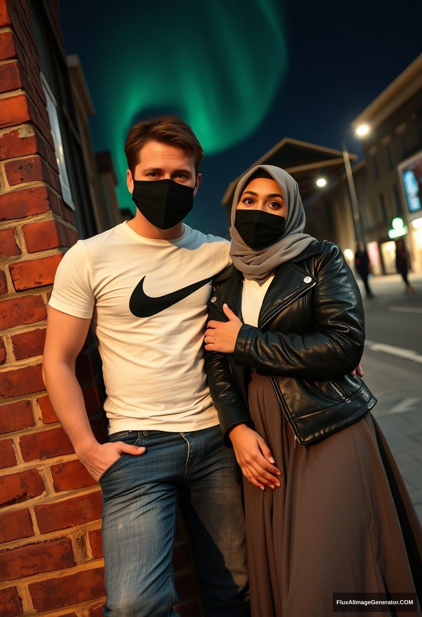 Jamie Dornan, tall, handsome, wearing a black face mask, a white Nike T-shirt, and jeans, dating a grey hijab-wearing Muslim girl with beautiful eyes, also wearing a black face mask and a leather jacket, in a very long and large skirt, who is not tall, lying against a brick wall in town, photorealistic street photography, selfie photos, night scenery, aurora borealis. - Image