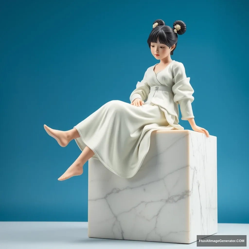 A Chinese girl sitting on a giant cube in a white dress with her legs crossed, with a blue background, a marble sculpture. - Image