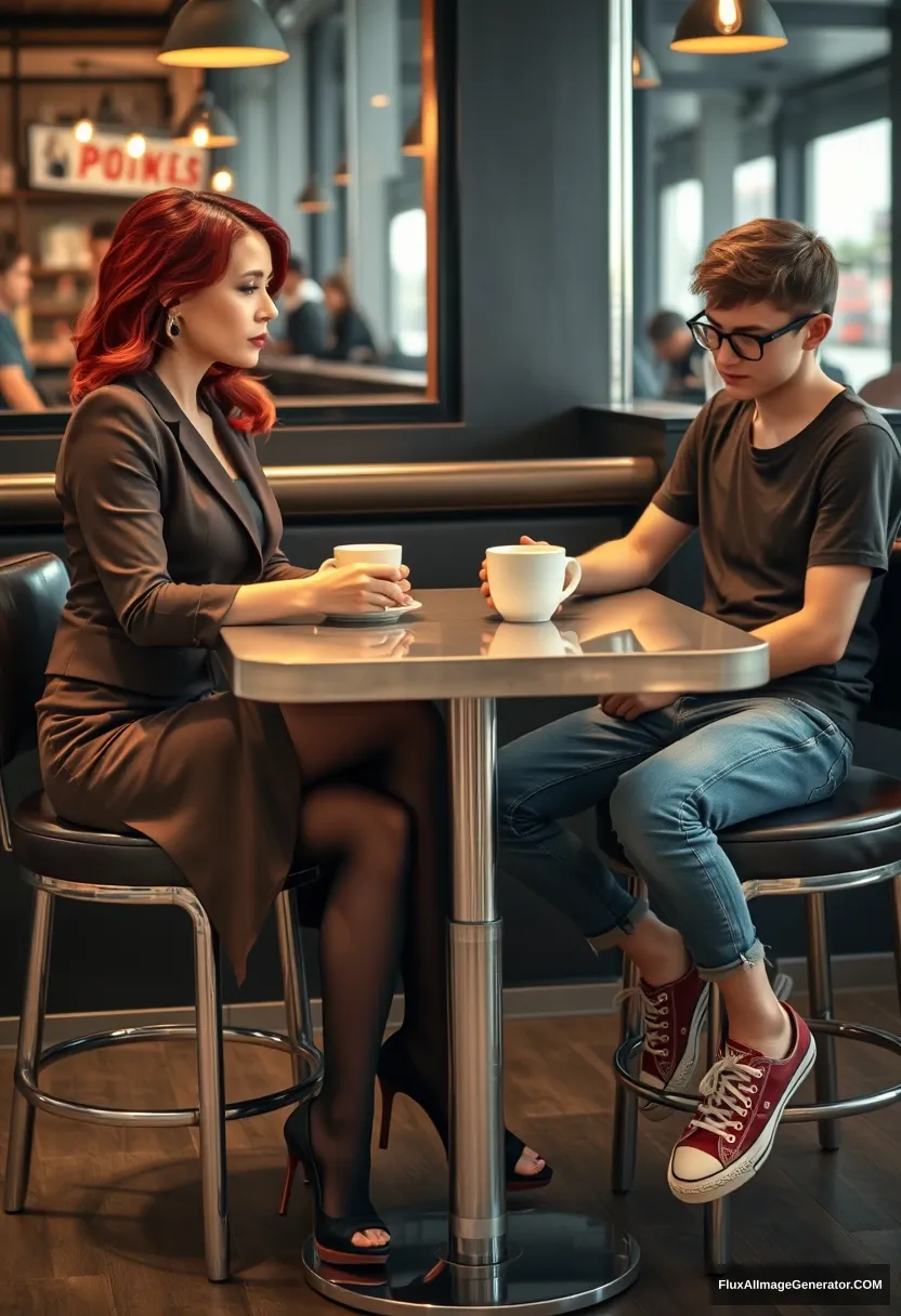 Cinematic Style. A woman and a man are sitting at a table in a bar, having a coffee. The woman is in her mid 30s, has red hair, mouth closed, wearing business attire, tight skirt with a lateral slit, black pantyhose, open toe high heels. She looks at the man with superiority. The man is a 20-year-old shy skinny man, with glasses, wearing jeans, a T-shirt, and tennis shoes. Shot from the side, from a distance of at least 5 meters, so all their figures are shown. The woman is looking at the man. The table has one leg, in the middle, metallic. The woman and the man are sitting on opposite sides, facing each other. The man is looking down at the table. The woman is looking at the man. | Cinematic | worm eye view.