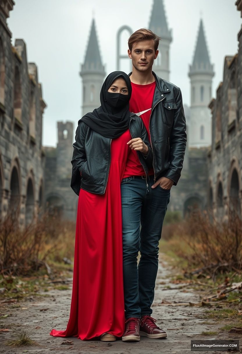 A biggest black hijab girl, beautiful eyes, face mask black, black leather jacket, biggest red longest dress, not tall, standing holding his arm,

Jamie Dornan, handsome, youngest, face mask black, Nike red t-shirt, black leather jacket, jeans, red sneakers, tall,

Hyper-realistic, photorealistic, studio photography, Victoria's abandoned castle.