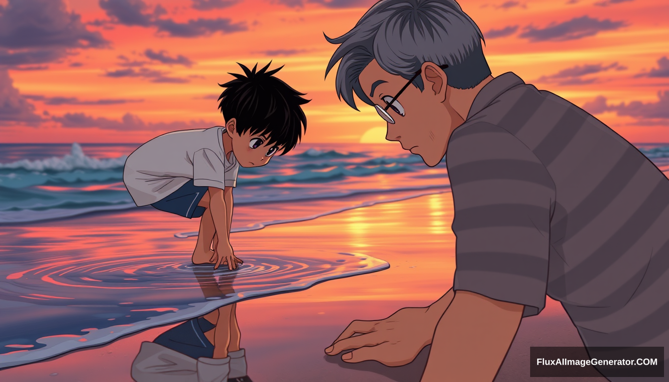 Digital illustration in the style of an animated movie scene, Medium shot: A young Vietnamese boy (10 years old, spiky black hair, white t-shirt with bold outlines, blue shorts) repeatedly bends down near the water's edge. The camera slowly zooms in, focusing on his repetitive motion with speed lines. The man (45 years old, stylized salt-and-pepper hair, striped shirt) notices from a distance, his eyes widening in anime fashion. Sunset colors reflect off the wet sand in vivid, saturated hues. - Image