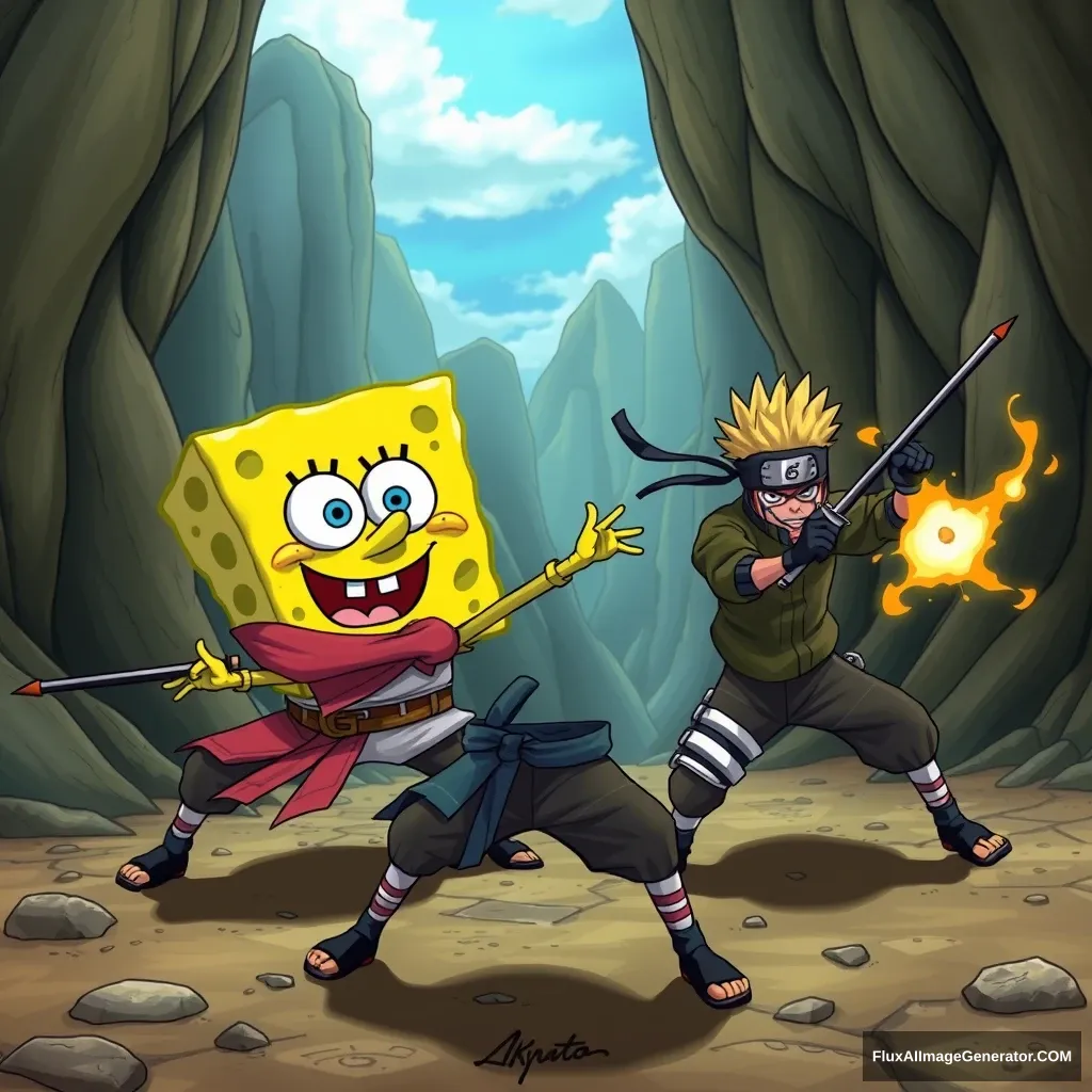 "SpongeBob dressed in ninja clothes and Naruto are fighting with ninjutsu in the Valley of the End." - Image