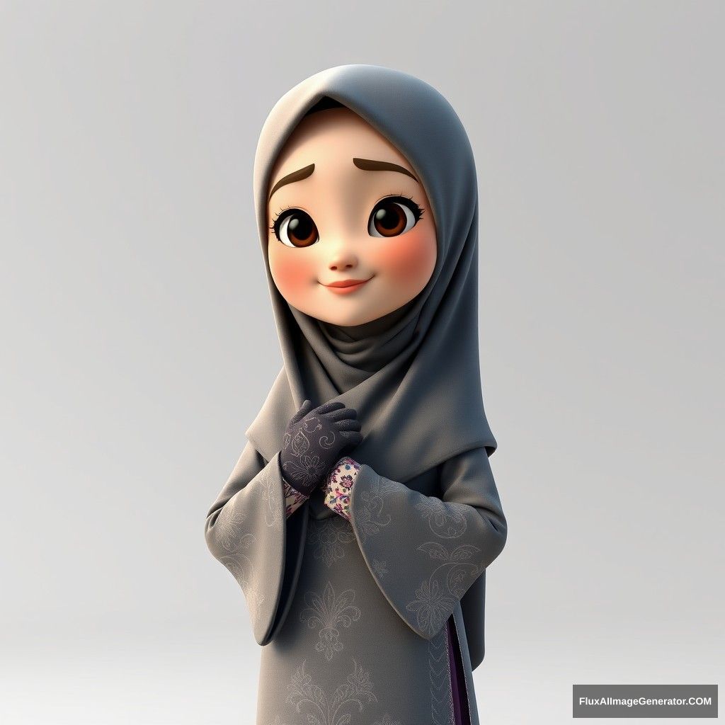 A 3D, 8k animated cartoon depiction of a Muslim woman from Palembang, wearing a traditional long songket and a long gown (gamis). She is adorned with a hijab that covers her chest and wears batik gloves covering her hands.