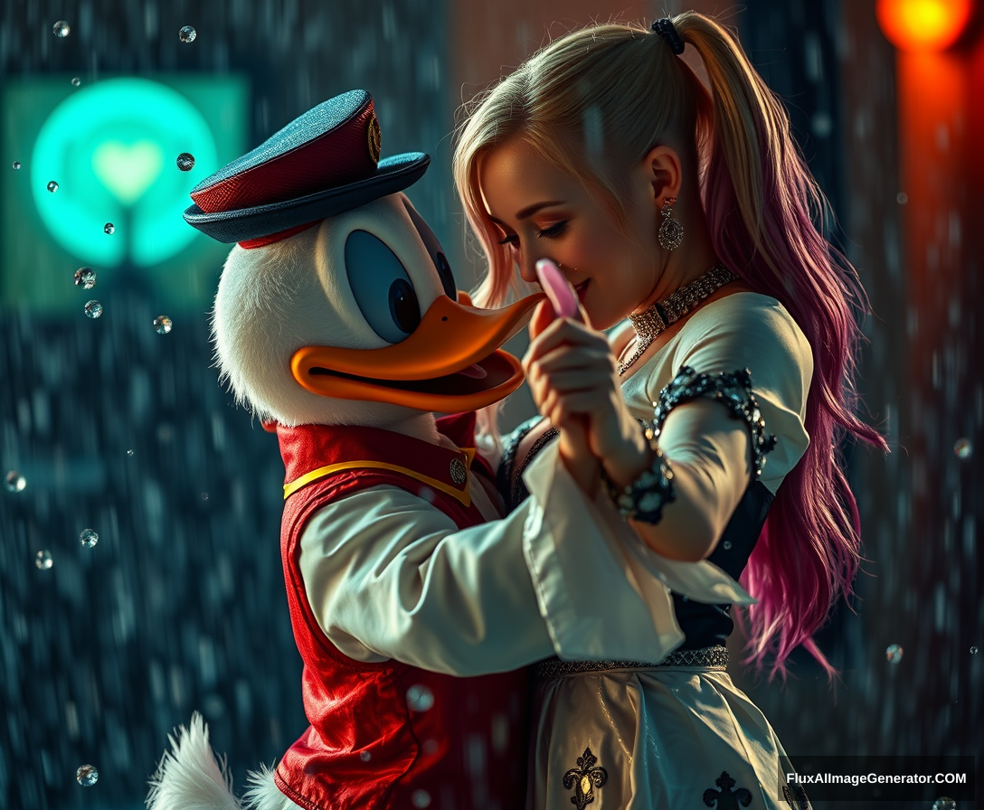 Soft Sparkling Rain droplets with no sense of motion in magnified shot, Donald Duck and Harley Quinn (from Suicide Squad) in their own attire dancing in close up shot, interpretative dance with water splashes effects, romantic, mood lighting, realistic, Cinematic, masterpiece. - Image