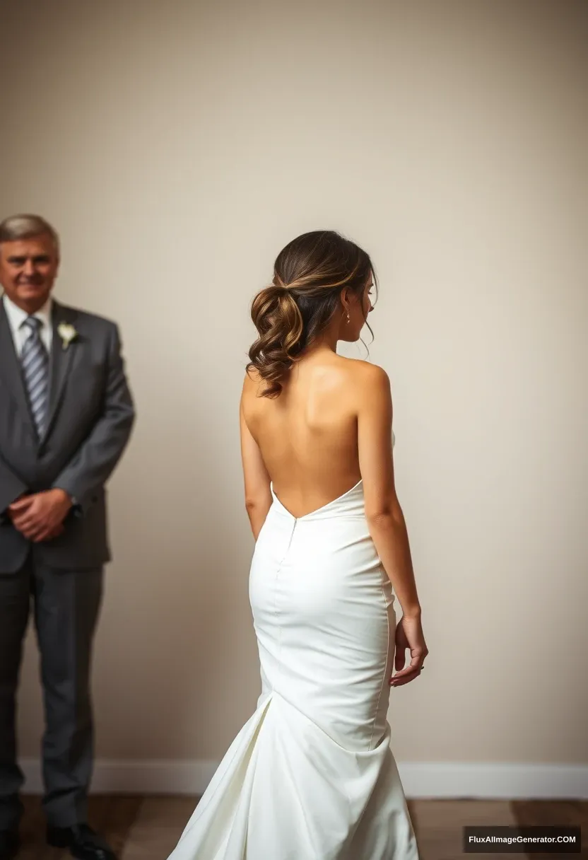 A short young woman, sensitive, delicate, wearing a backless strapless side-less low-waisted contouring wedding dress with a loose open back spilling to the sides, which appears to have been intentionally left undone, in front of elder patriarchy, expectations, perfect posture.