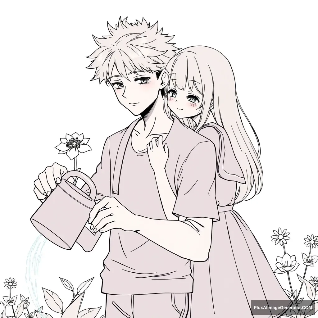 Anime line art, a handsome boy watering a flower while a girl standing behind him touches his shoulder. - Image