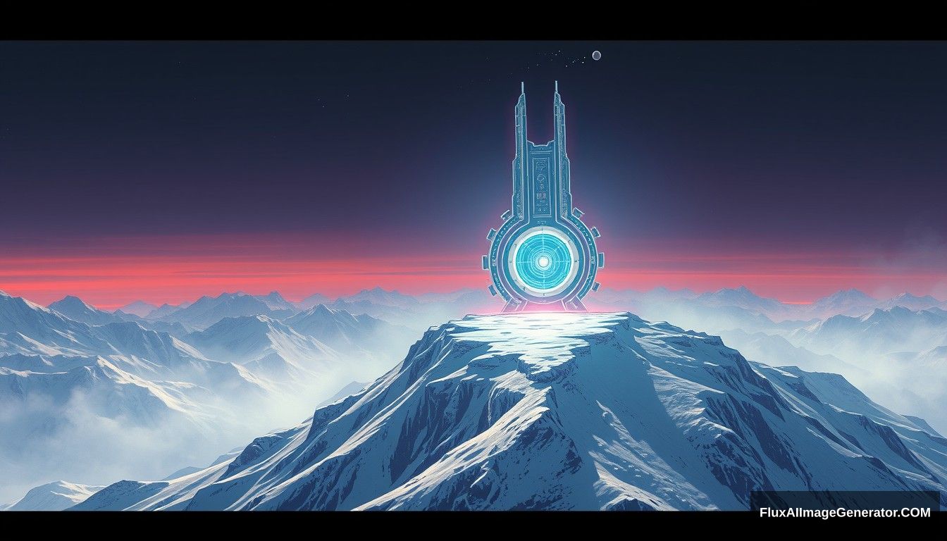 Cel shaded art, wide shot, a sci-fi center on the top of a snow mountain, open air, close look, cyberpunk.