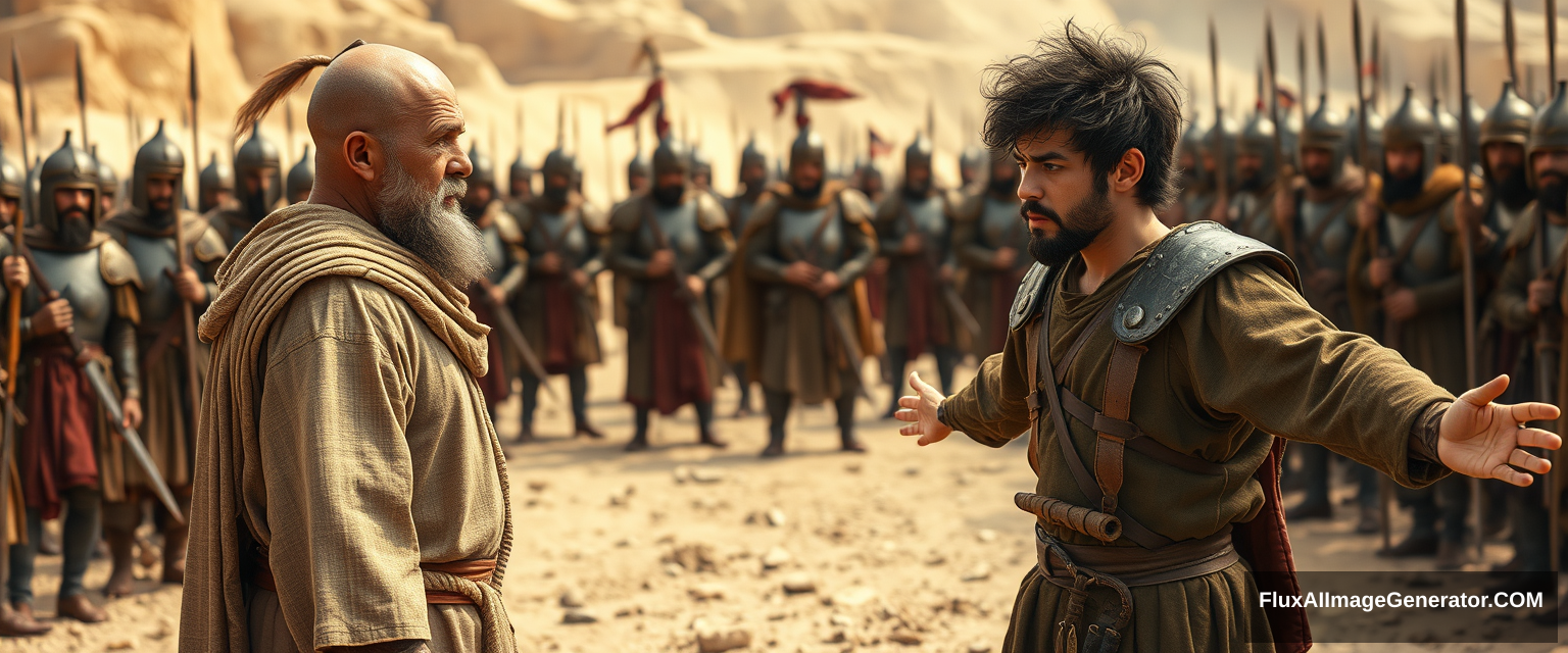 Create an image of two men standing apart and arguing while a group of soldiers gathers closely behind the man on the left. The man on the right is a young man, with his arms stretched out to the sides, looking shocked, with dark, messy, unkempt hair and a beard. He resembles a simple biblical-era shepherd in a tunic and is sternly looking at the left eye of the other man. The other man appears middle-aged, has a Jewish black beard, and is wearing a complete suit of biblical-era leather armor and a conical helmet with a pointed tip. The overall mood of the image is one of anxiety and concern. - Image