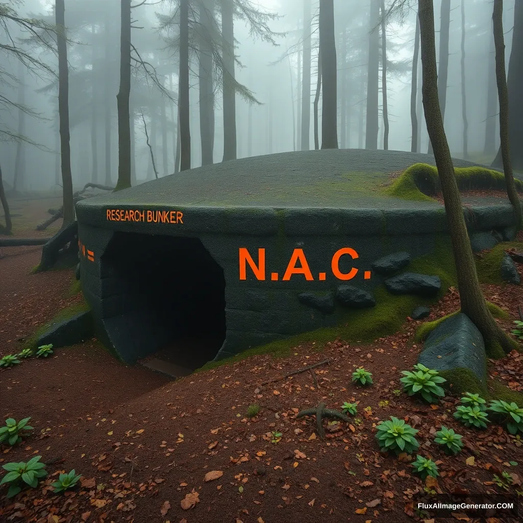 Research bunker with black and orange inscription N.A.C. in the forest, in the fog.