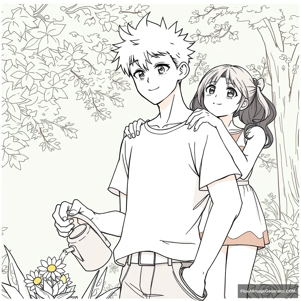 Anime lineart, front view of a handsome tall boy watering the flower, while a young woman standing behind puts both hands on his shoulders, tilting her head and looking curious. - Image