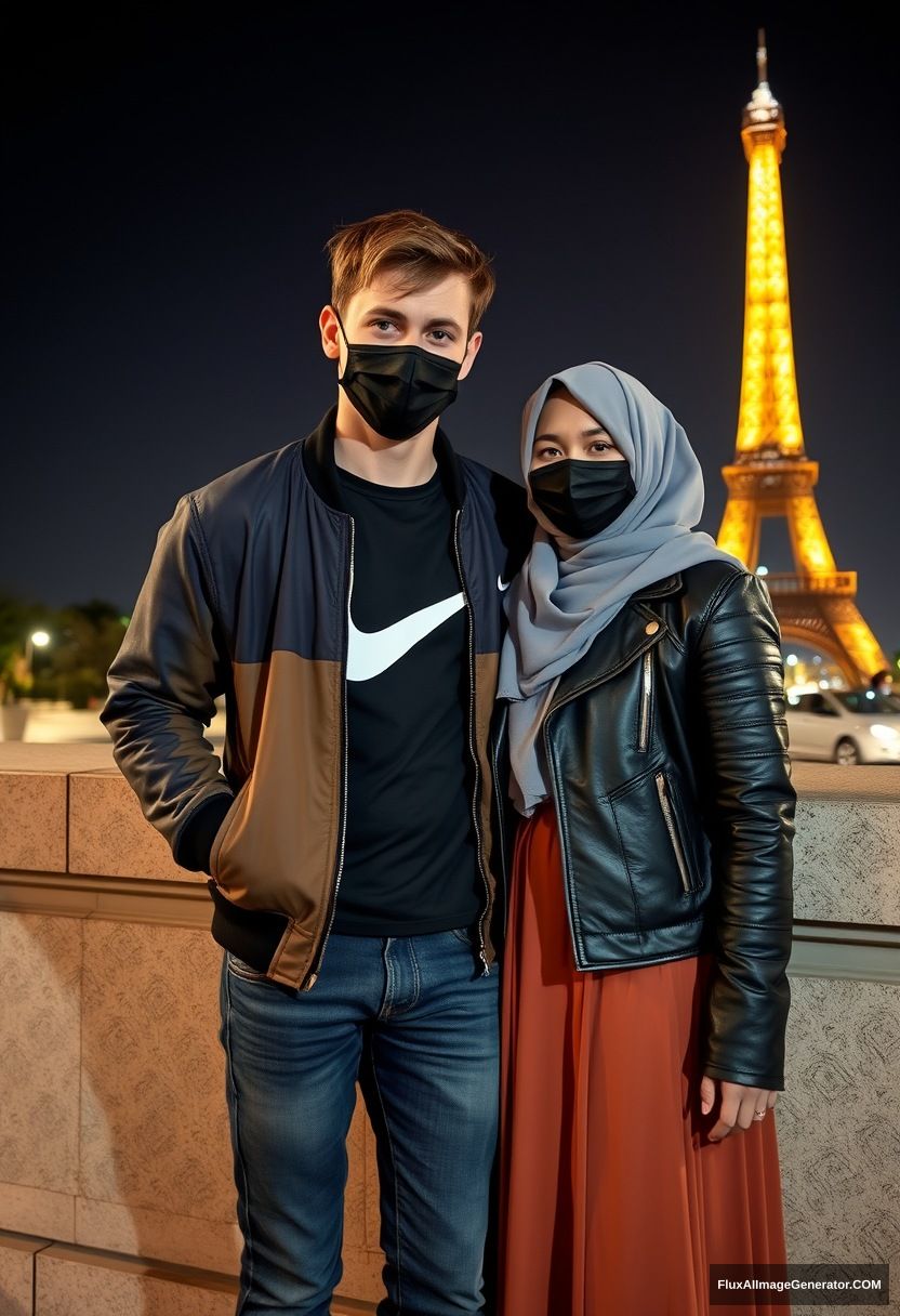 Jamie Dornan, youngest, black face mask, collage jacket, Nike t-shirt, jeans, tall man, fit body,

Dating, love with the biggest grey hijab Muslim girl, beautiful eyes, black face mask, leather jacket, biggest longest skirt, cute short girl,

standing by a wall, an Eiffel Tower, night scenery, hyper-realistic, photorealistic, street photography. - Image