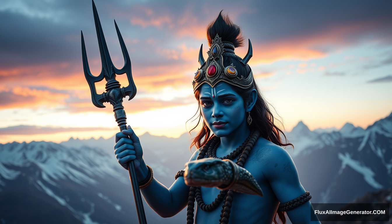 Young Mahadev, trident, three eyes, evening, snow mountains, bird's eye view, snake, (blue skin)