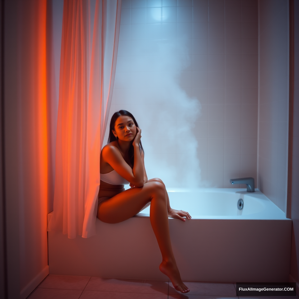 The light in the bathroom is dim, radiating a warm glow that creates a gentle atmosphere around the woman's calm face. She sits comfortably by the edge of the bathtub, her hand resting on the tub as she falls into deep thought. The shower curtain is partially open, revealing a wisp of steaming glass, while the tiled floor glistens from the humidity. - Image