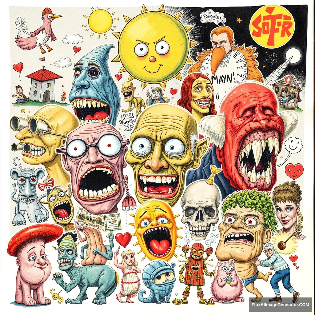 Collage of different crazy weird illustrations.