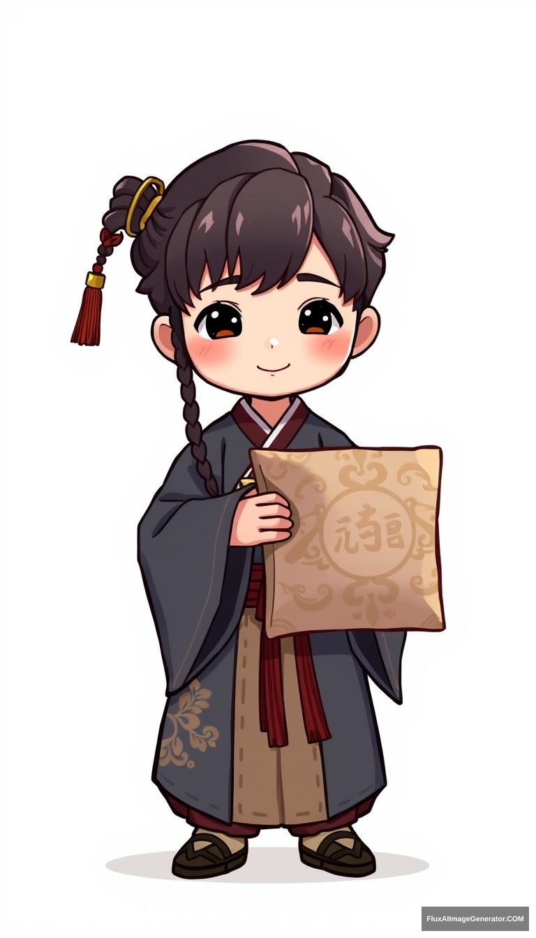 masterpiece, best quality, Cartoon, Chibi, male, Little Boy, Chinese clothes, Taoist robes, 1 boy, solo, holding a square pillow, dressed in antique style, blank background, Chinese men have long braids, Blank background, playful expression