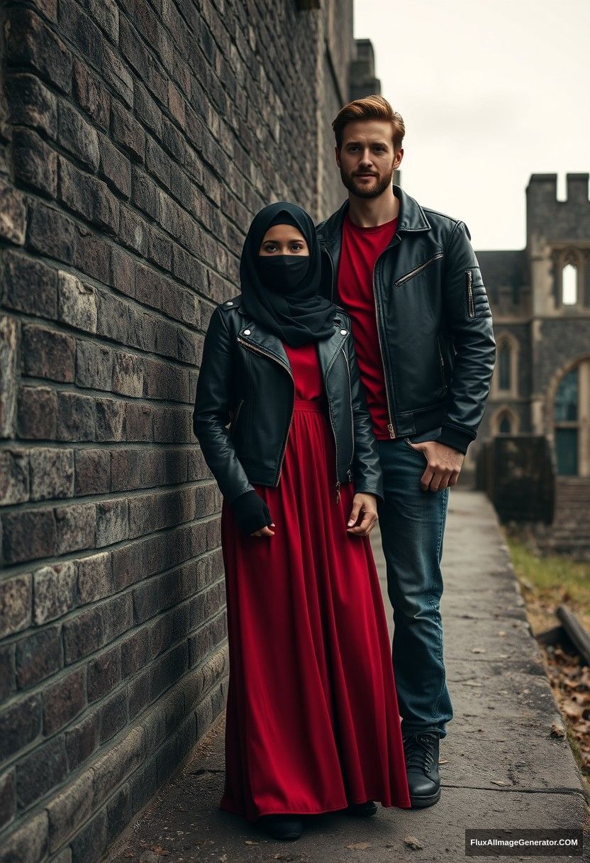 A biggest black hijab girl, beautiful eyes, face mask black, black leather jacket, biggest red longest dress, untall,

Jamie Dornan, handsome, face mask black, fit and tough body, Nike red t-shirt, black leather jacket, jeans, tall man,

standing near wall together,
Hyper realistic, photorealistic, street photography, Victoria's abandoned castle, gloomy, darkness.