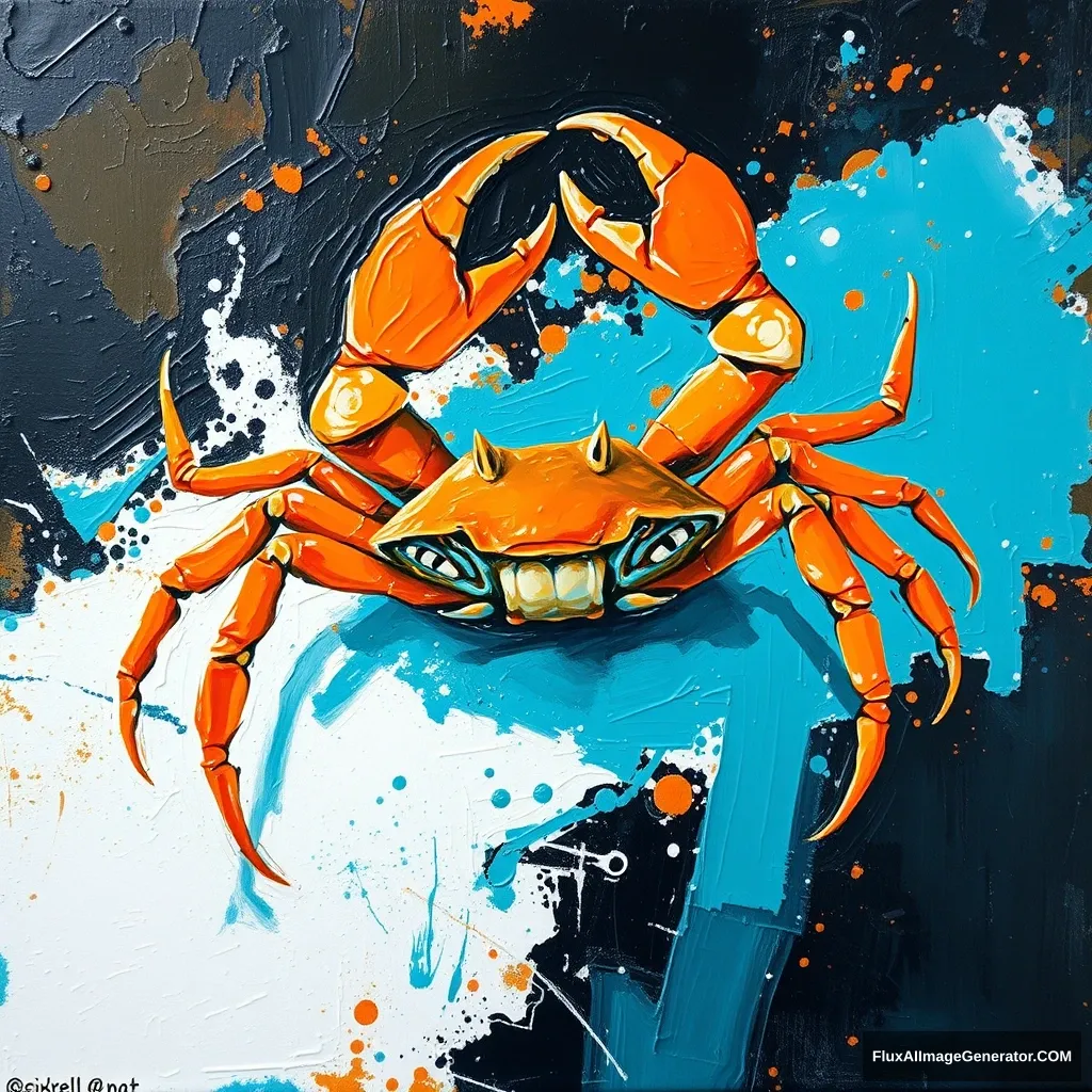 beautiful, impasto, very visible brushstrokes, oil paint, golden ratio, abstract, conceptual art, abstract expressionism, want to express the tension between orange turquoise hues of blue white and black, a crab insinuated, in the Style of Driskell. - Image