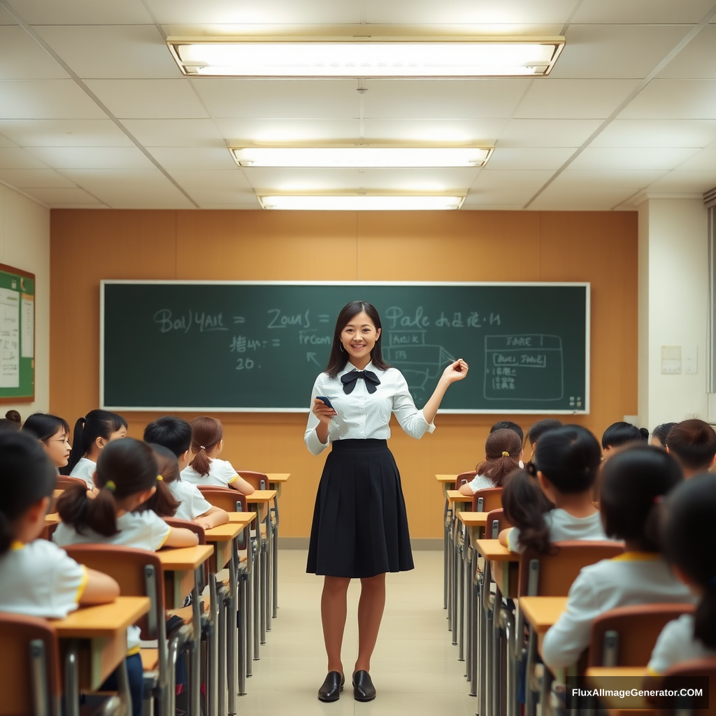 A bright and airy classroom with a warm glow emanating from the overhead fluorescent lights. A female teacher, dressed in a crisp white blouse and dark skirt, stands at the front of the room, smiling warmly at her students. She gestures gently as she writes on the chalkboard, surrounded by rows of desks and chairs filled with eager young faces. Japanese person. - Image