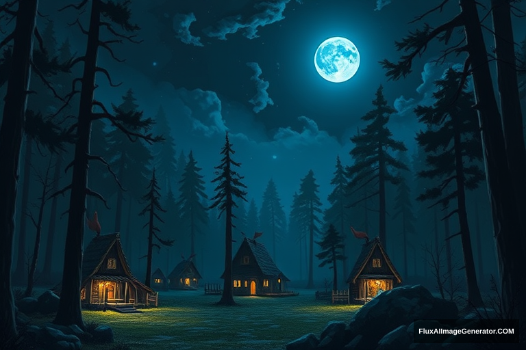 elf village in a dark forest under the blue moon - Image